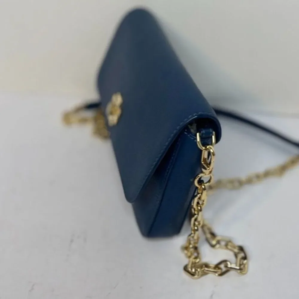 Tory Burch Navy Blue Crossbody Bag Gold Chain Logo Leather